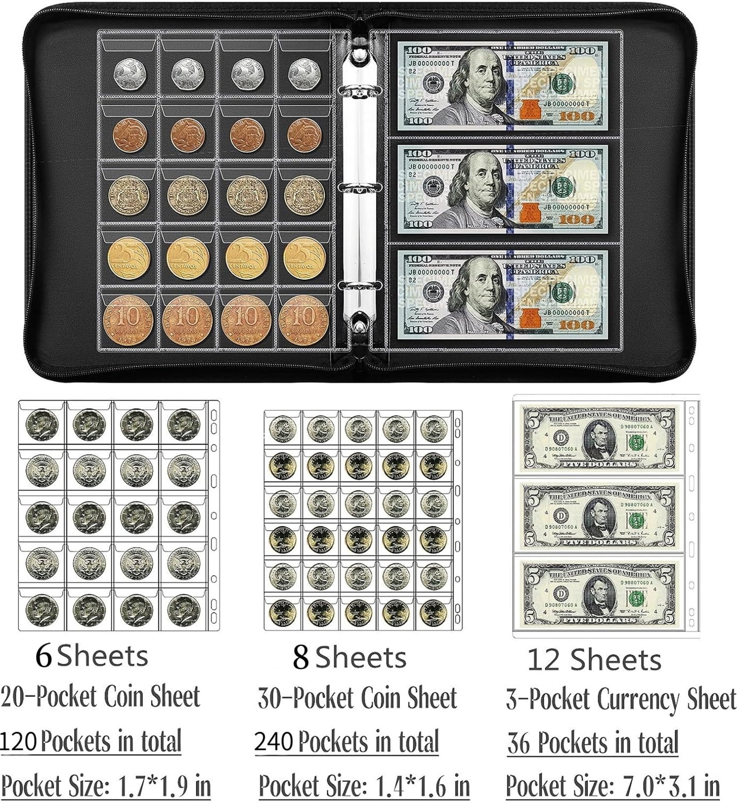 Coin Collection Book Holder,Fireproof Coin Album for Collectors, Waterproof Coin Holders with 360 Pockets Coins Collecting & 36 Sleeves Paper Money Storage Case for Currency,Bill Pennies,Stamp