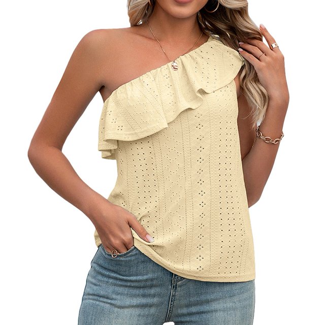 Top de un hombro para mujer, Top de verano con ojales y volantes, sin mangas, Color puro
