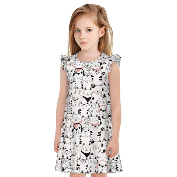 Fotbe Cute Cat Vestido de Dormir para Niñas de 3 a 10 Años, Mangas Cortas, Estilo Princesa, Pijama Camisón con Mangas Voladas-Large