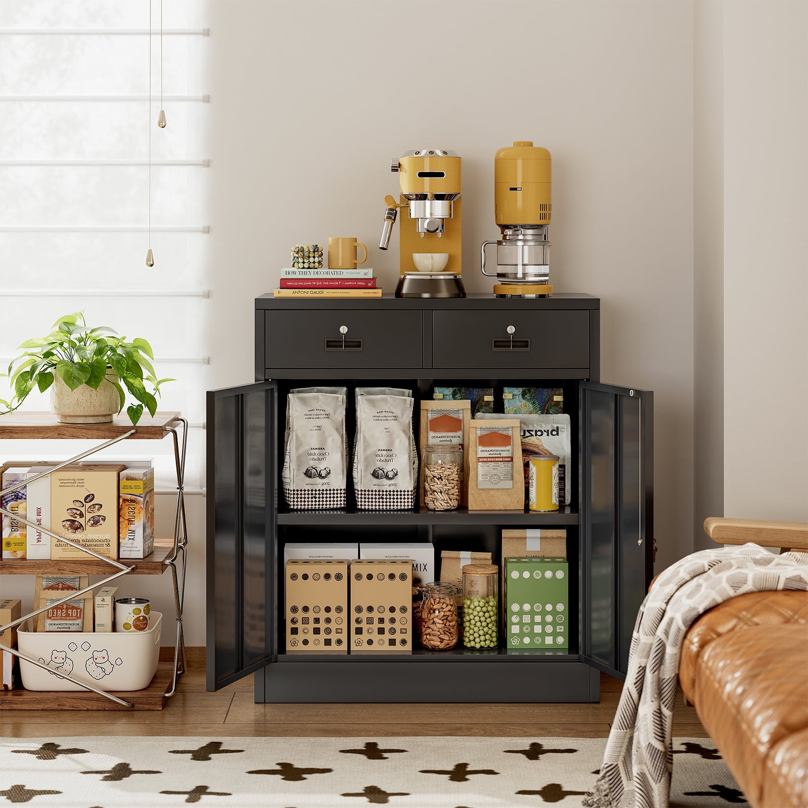 Metal Storage Cabinet with 2 drawers. Lockable Steel Storage Cabinet with Doors and Shelve, 37”H Office Cabinet for Home, Garage, Warehouse with large storage space. (Black)