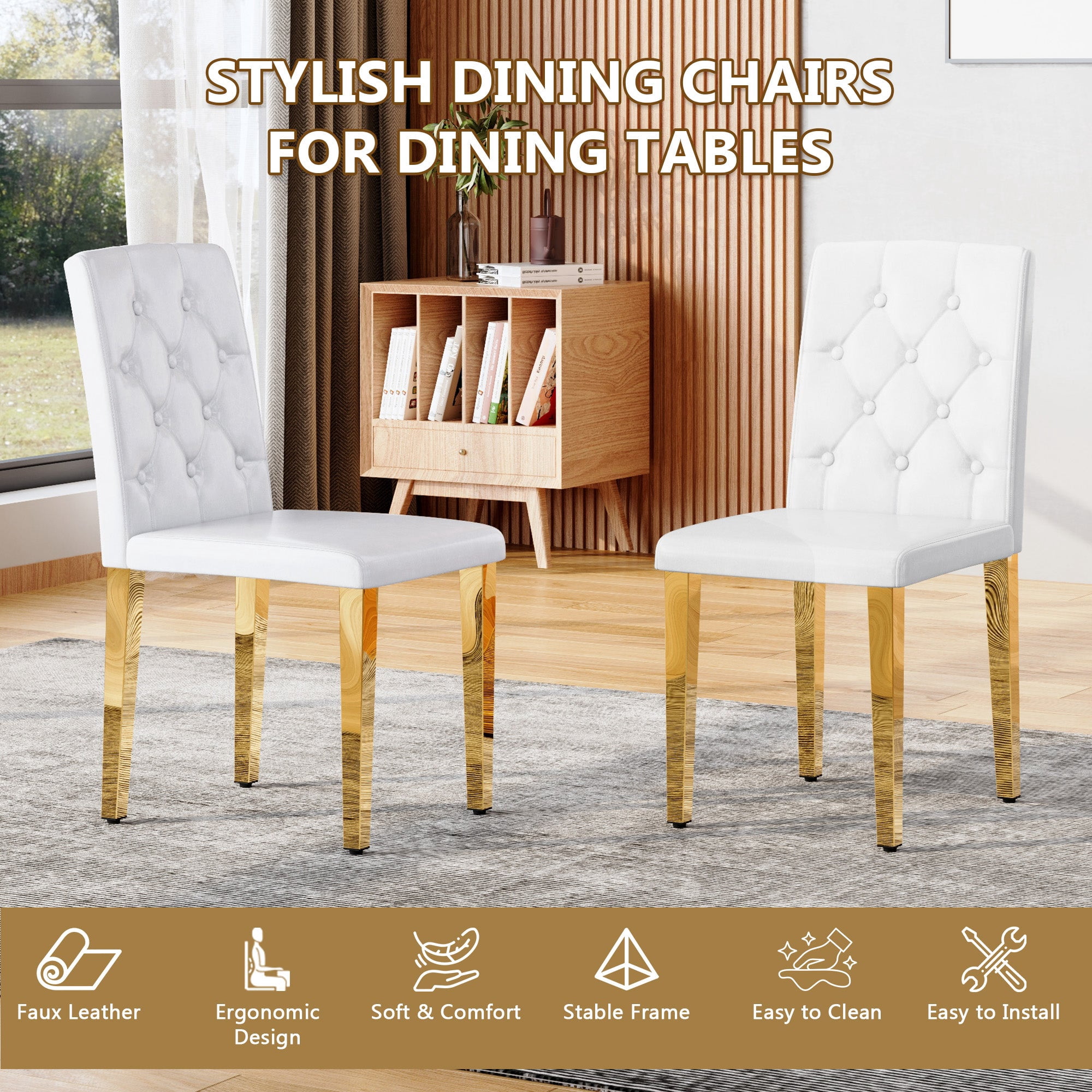 Sailvan PU Dining Chairs, 35 Inch Ergonomic Buckle Backrest with Silver Metal Legs