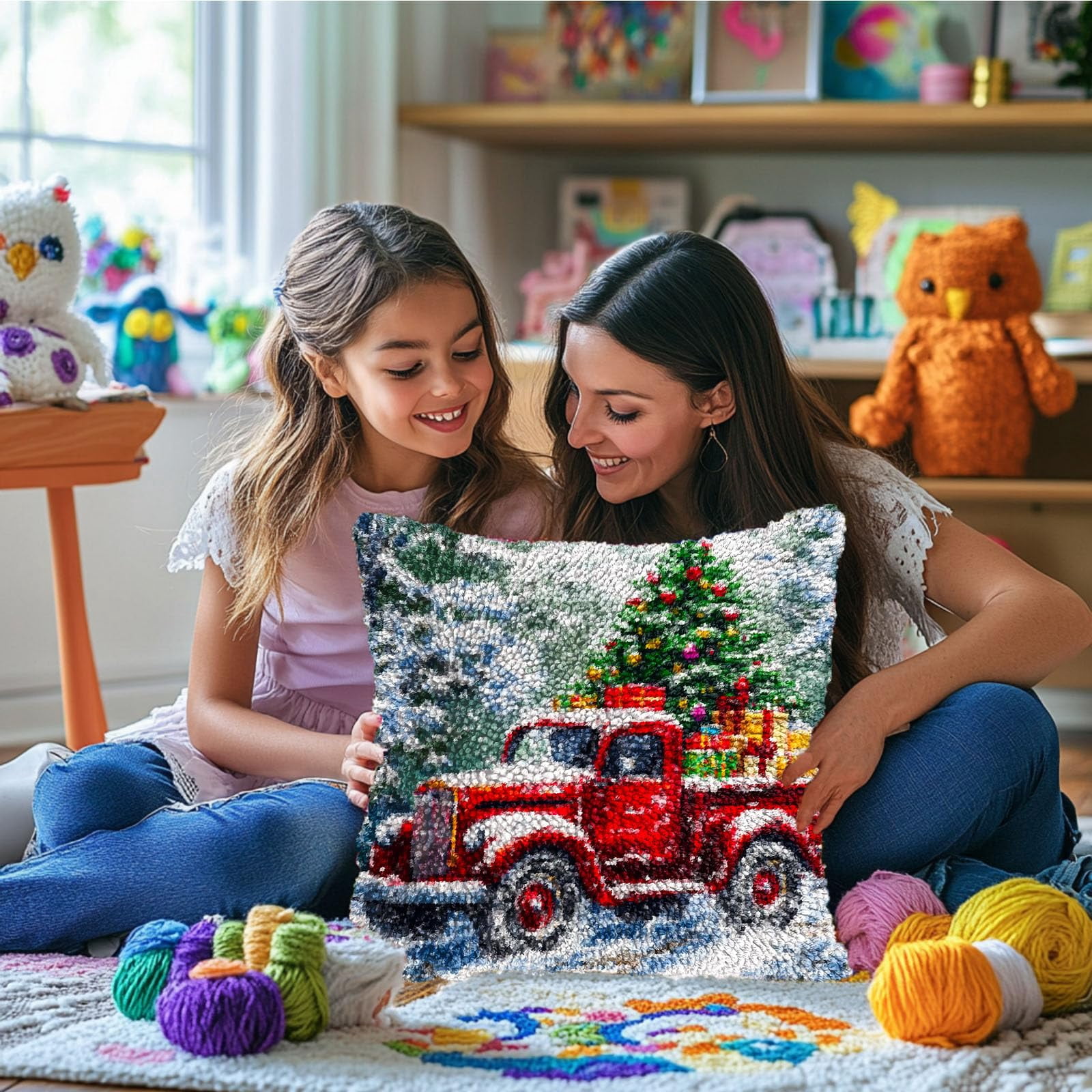 DIY Latch Hook Pillow Kits Red Truck with Christmas Tree Printed Pillowcase Crochet Yarns Hooking Handmade Pillow Cover Cushion for Home Sofa Decoration 17x17inch-2