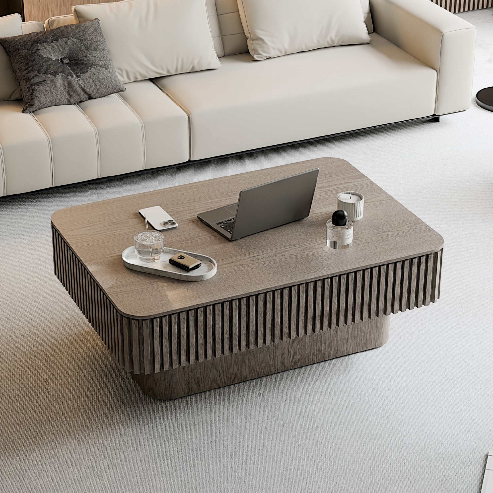 Lift Top Coffee Table with Storage, 38.6" Fluted Coffee Table with Adjustable Height, Modern Wood Veneer Center Table for Living Room, Grey