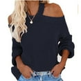 thumbnail image 2 of Women's Solid Color Sexy Off Shoulder Loose Knit Sweater Top for Fall Winter Evening Events,Navy,L, 2 of 6