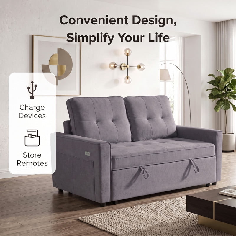 Gewnee 53” Sofa Bed, 3 in 1 Convertible Loveseat Sleeper Sofa, Pull Out Couch with USB Port, Futon Sofa Bed with Storage Pockets for Small Spaces, Teddy Fabric,Light Gray