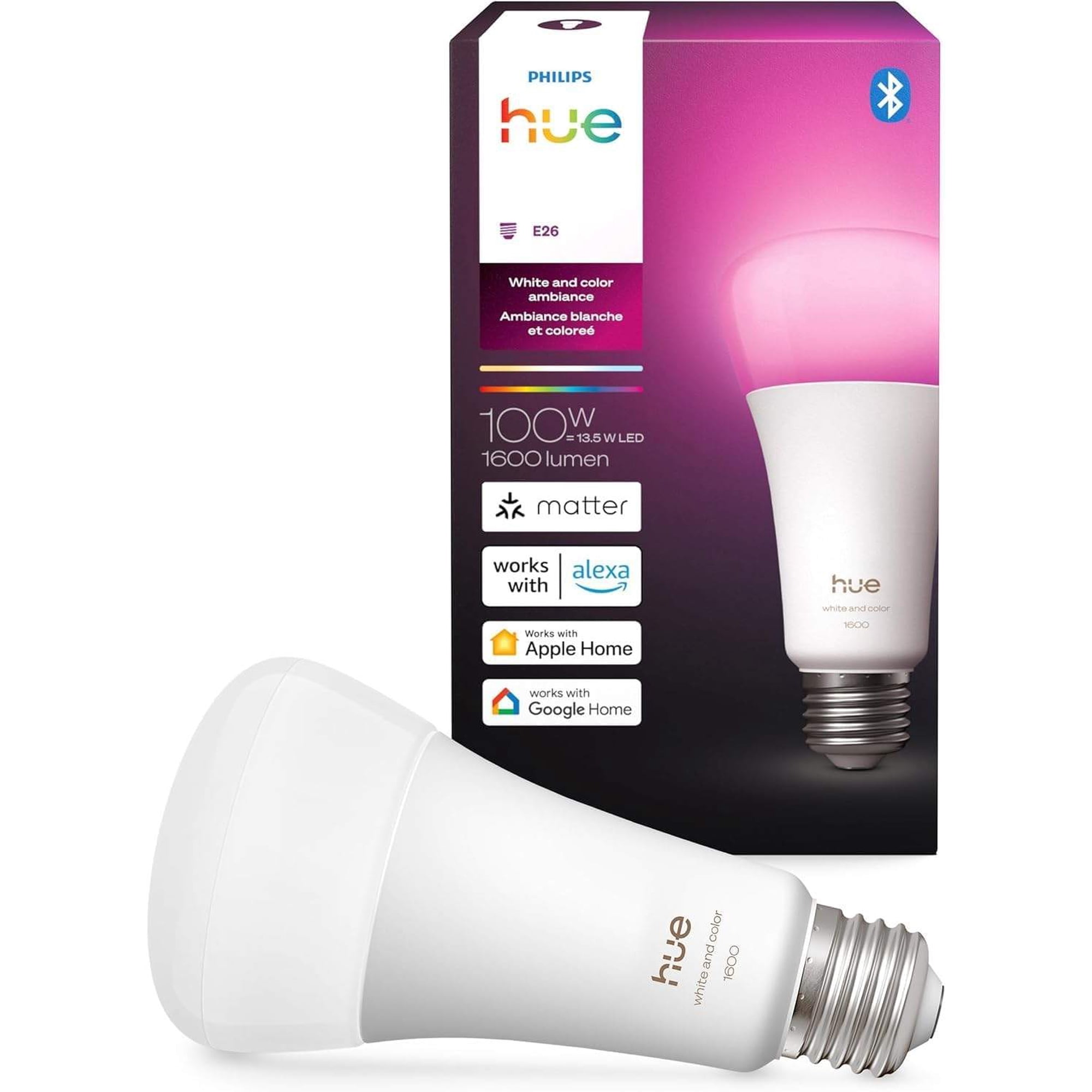Smart A21 Bulb White and Color Ambiance E26 Base 13.5W 1000K–20000K Tunable White 1600 Lumens Dimmable 1 Pack
