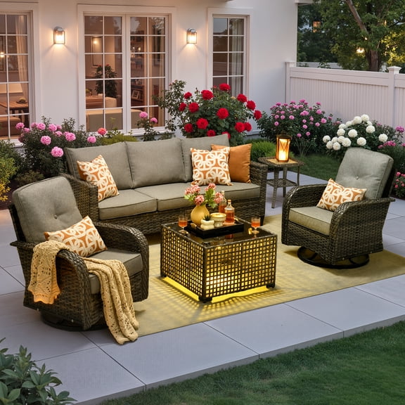 Ovios 5 Pieces Patio Furniture Set Outdoor Conversation All-Weather Rattan Sectional Sofa with Swivel Chairs & Solar Light Table