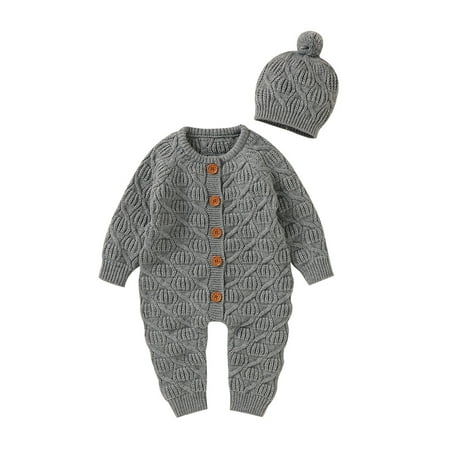 

Sunisery 2Pcs Newborn Baby Boys Girls Autumn Outfits Long Sleeve Knitted Romper Bodysuit+ Beanie Hat Clothes Gray 0-3 Months