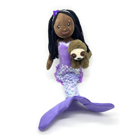 The Petting Zoo Mermaid Doll with Sloth Plush Toy, Gifts for Girls, Plush Mermaid Doll with Sloth Stuffed Animal, 17 inch African American