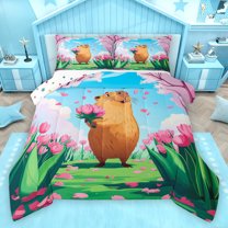 Homewish Pink Cherry Blossom Full Size Comforter Sets,Cute Capybara Bedding Comforter Set,Kawaii Tulip Flower Bedding Sets For Girls Kids,Microfiber Bedroom Decor Reversible,3-Piece