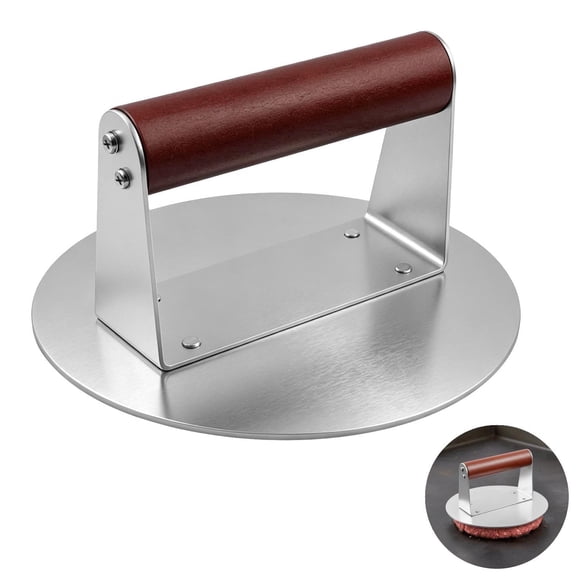 Stainless Steel Burger Smasher with Wood Handle, 6.3" Heavy-Duty Flat Meat Press for Grilling, Non-Stick Smooth Surface, Ergonomic Grip, Versatile Tool for Patty, Steak, Bacon & Sandwiches