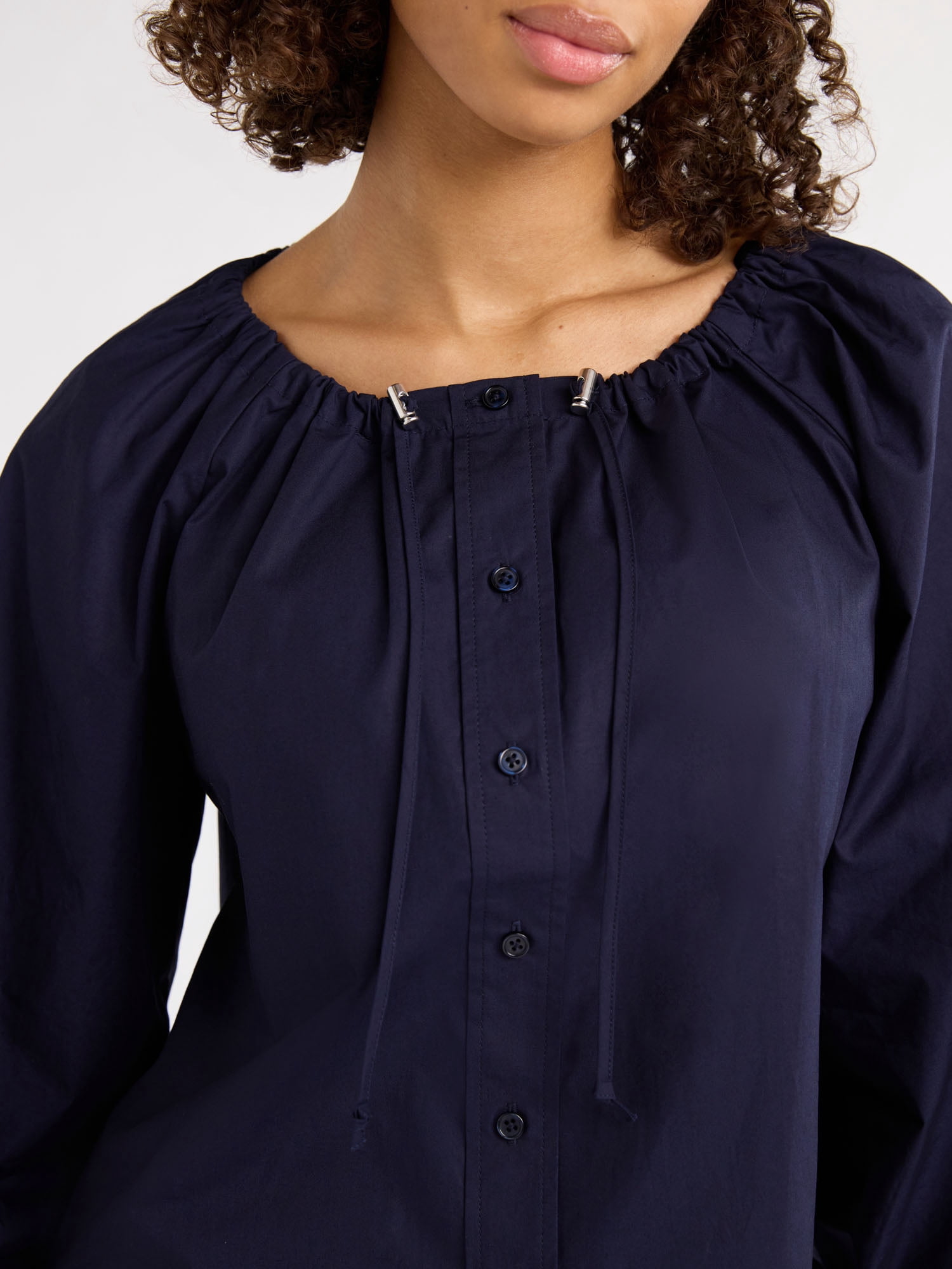 Free Assembly Women's and Women's Plus Gathered Neck Cotton Top with Long Sleeves, XS-4X