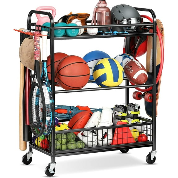 Ball Storage Sports Equipment Organizer - Garage Storage Cart Rolling Ball Storage Rack with Hooks Wheels Outdoor Indoor Gym Gear Toy Holder  for Basketball, Baseball,