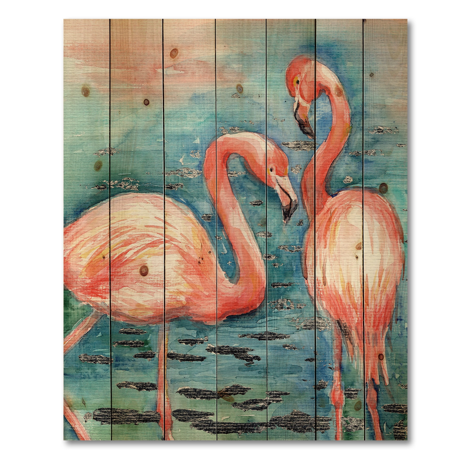Designart 'Pink Flamingos Love Birds In Blue Water I' Farmhouse Print on Natural Pine Wood
