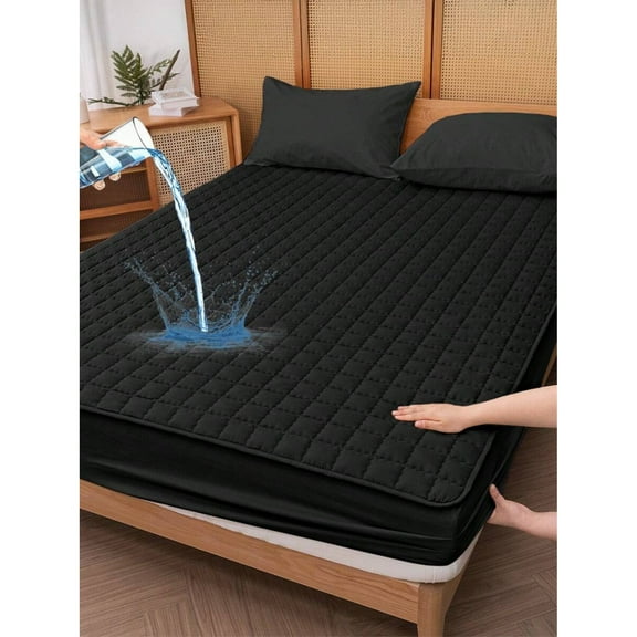 YFLXDMLYYSC Waterproof Fitted Bedding Sheet, 11.8 Inch Deep Pocket Cooling Breathable Quilted Square Lattice Fitted Sheet, Dustproof, Comfortable ,Black