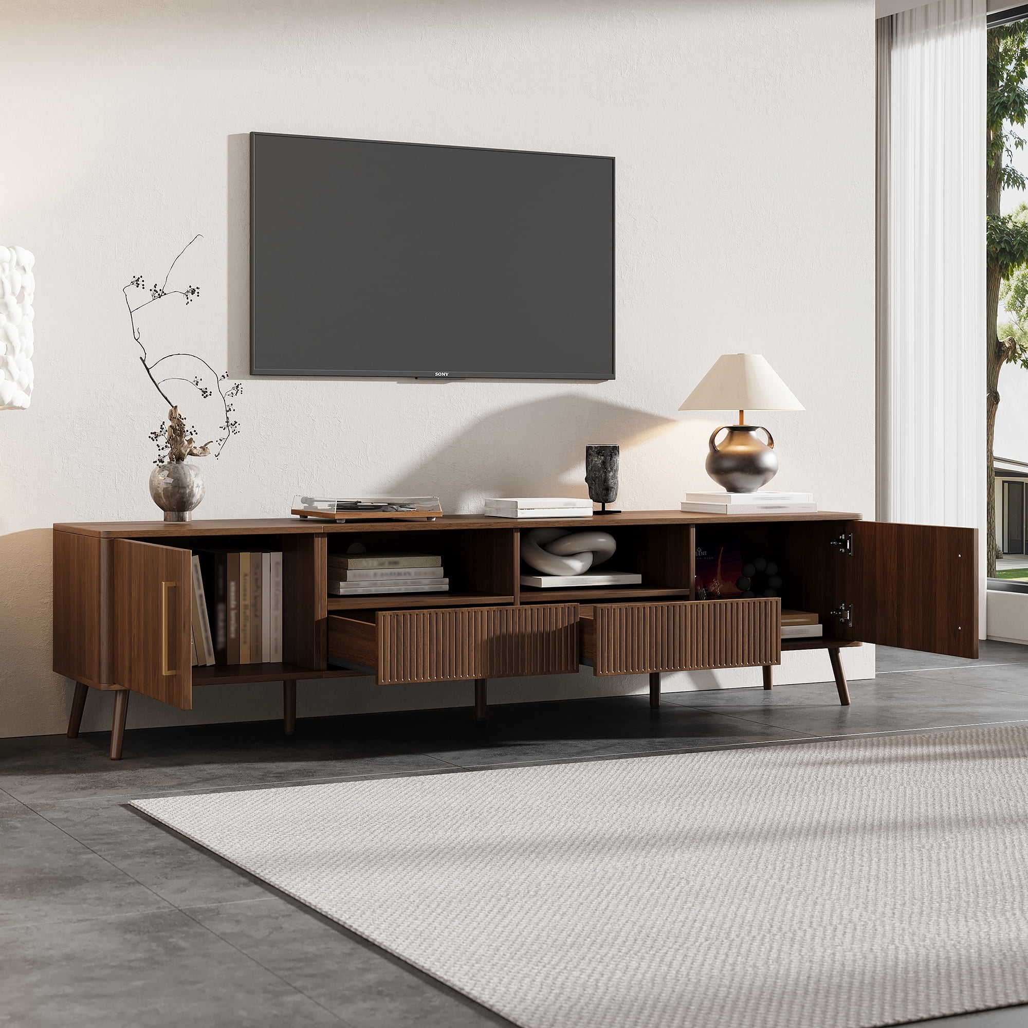 TV Stand for TVs up to 85 Inch, Entertainment Center with Fluted Drawers & 2 Cabinets, Media Console with Solid Wood Legs for Living Room