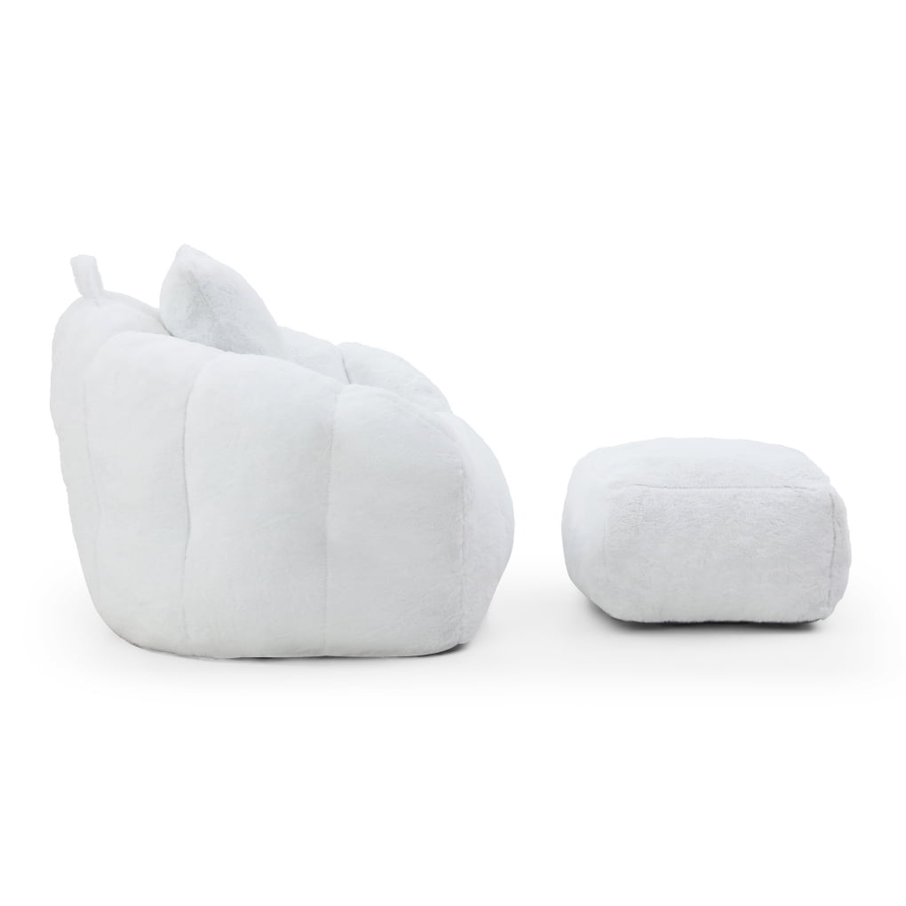 Giant Bean Bag Chair for Adults, Oversized Lazy Sofa with Footstool and Handle, Faux Fur Shell-Shaped Reading Chair for Living Room Bedroom, White