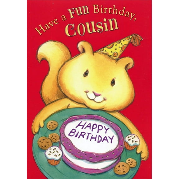 Designer Greetings Squirrell Holding Plate of Cookies, Cupcakes and Cake Juvenile Birthday Card for Young Cousin