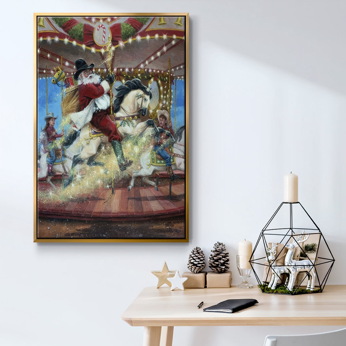 Merry Go Round - Framed Gallery Wrapped Holiday Canvas - 17 x 25 - Gold Frame