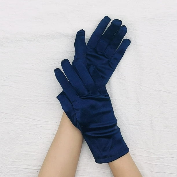 Zhuge Guantes cortos de satén para mujer, guantes para niños y adultos, guantes para bodas, fiestas, guantes hasta la muñeca, guantes para vestido, guantes de ópera, azul oscuro A