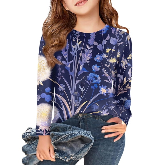 Abcomgle Girls Long Sleeve T Shirts Size 6-7 Crewneck Winter Tshirts for Girls Casual Basic Girls Tops Trendy Dandelion Print Girls Sweatshirts,10-11Years,Purple