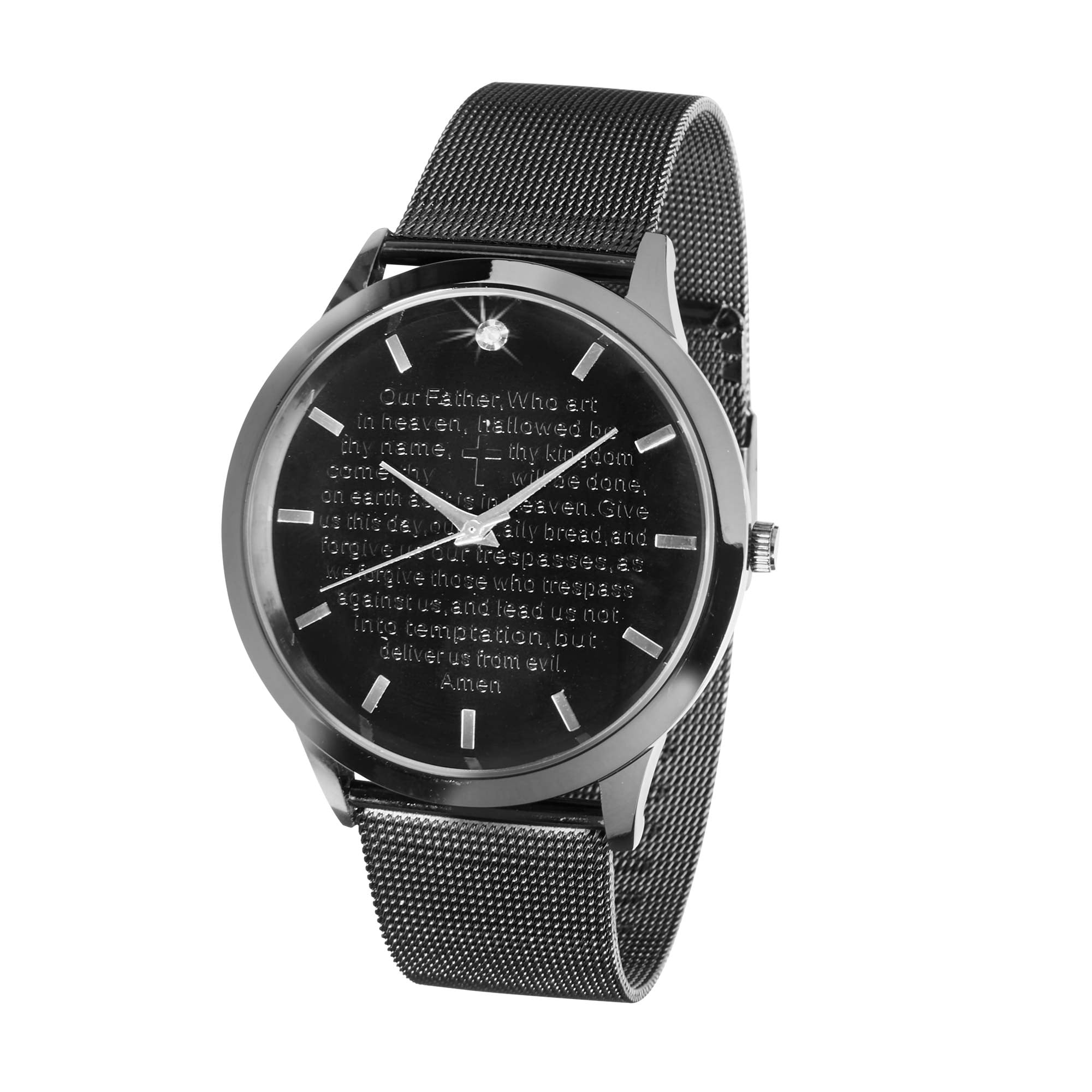 Steeltime Men's Stainless Steel Lords Prayer Analog Watch with a Stylish Black Mesh Band and Genuine Diamond