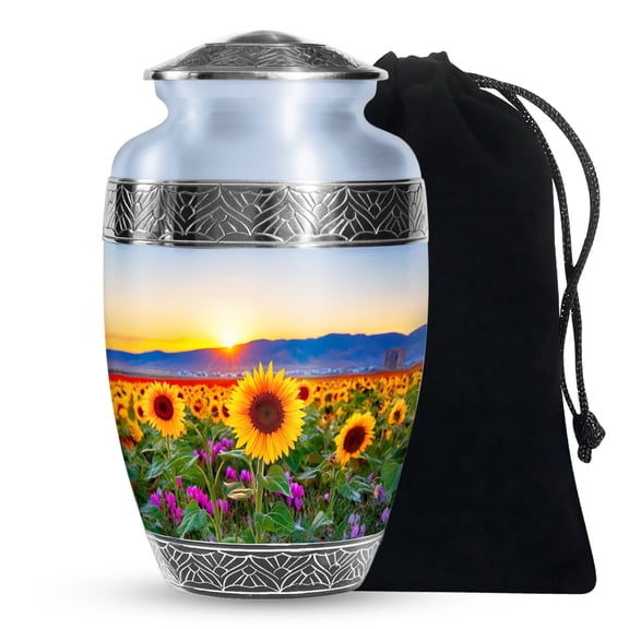 SABURIAL Sunflower Urn - Beautiful Large Urns For Human Ashes - Decorative Funeral Urn For Men & Women Ash - Burial Urns For Wife Ash - 10 Inch Large With Velvet Bag