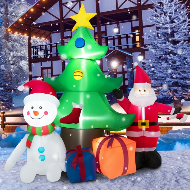 Patiojoy 6.5FT Christmas Inflatable Tree Decoration Blow-up Xmas Tree with Santa Claus Snowman and Gift Boxes Built-in LED Lights Sandbag Stakes & Ropes