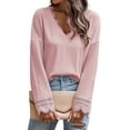 thumbnail image 5 of Women's Pink Ribbed Texture Lace Trim V Neck Long Sleeve Top, 5 of 5