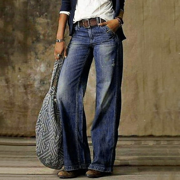 Wide Leg Jeans for Women Trendy Floral Printed Baggy mid Waist Casual Denim Pants