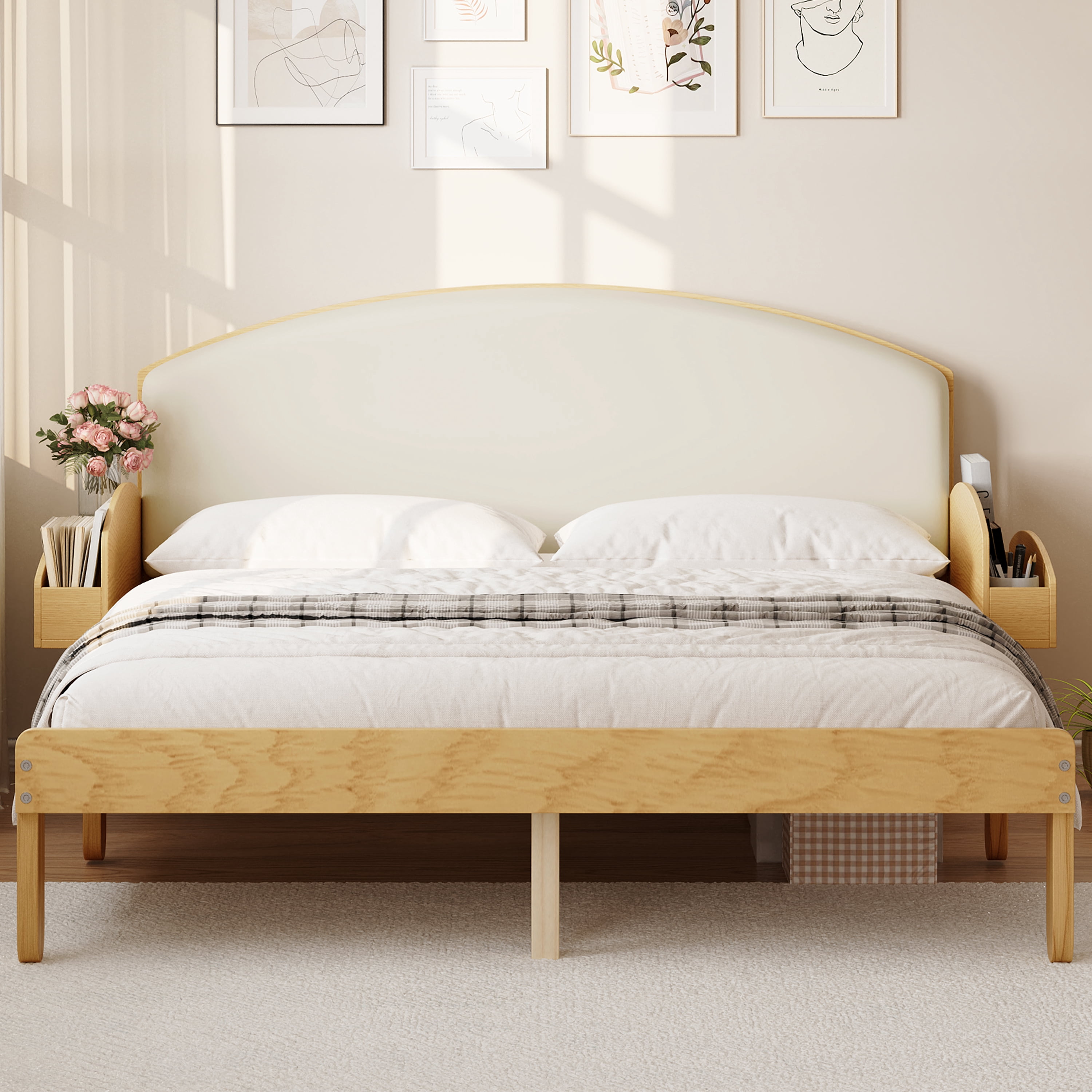 Euroco Full Size Platform Bed with Upholstery Headboard, Wood Bed Frame with Storage Shelves, No Box Spring Needed, Natural