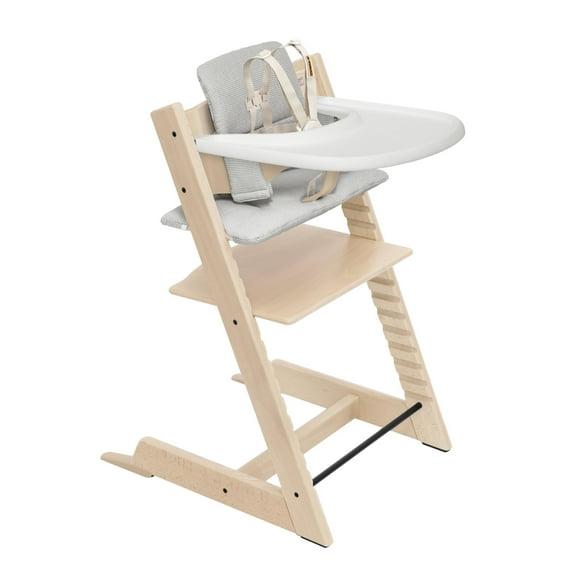 Stokke Trona Tripp Trapp 2 (Natural), Cojín 2 (Gris Nórdico) + Bandeja Stokke (Blanco) - Incluye Silla + Set Bebé con Arnés Extraíble para Niños 6-36 Meses