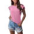 thumbnail image 2 of Summer Polyester Short Sleeve Crewneck Spandex T Shirts for Women Pink Fashion Solid Color Crew Neck Ladies Round Ruffle Shirt XL, 2 of 3