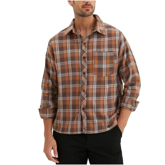 FDGIU Men's 2025 Plaid Flannel Shirt - Long Sleeve Button Down, Classic Pocket Casual Fall Top