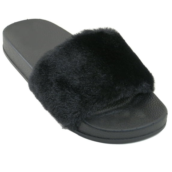 SNJ Women's Soft Faux Fur Strap Slide Slipper