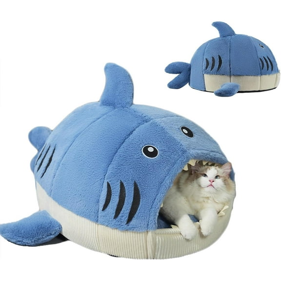 ShadeMart Winter Warm Cat Bed, Small Shark Plush Hideaway House with Removable Liner