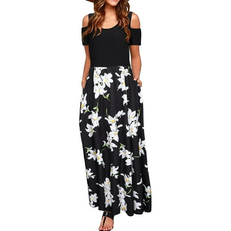 

jsaierl Summer Cold Shoulder Dresses for Women 2023 Casual Floral Print Dress Patchwork Short Sleeve Midi Dress Tunic Crew Neck Sun Dress