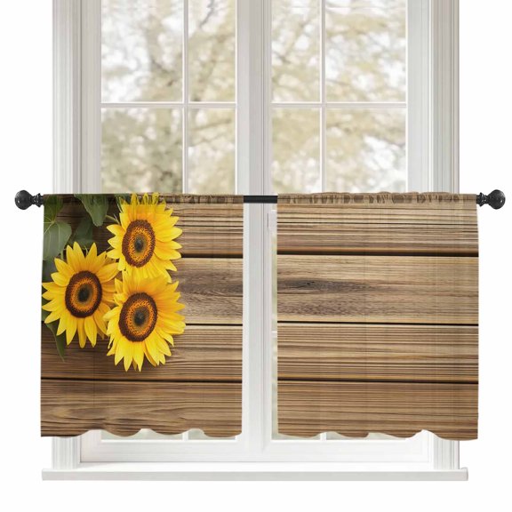 Retro Sheer Curtains 45 inches Long 2 Panels Set Sunflowers Rustic Wood Grain Texture Pastoral Style Tiers Sheers Rod Pocket Small Window Short Curtains for Kitchen Cafe, Each 52" W x 45" L