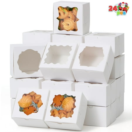 Joyfy 24 Pcs Christmas Bakery Cake Boxes with Window, 4x4x2.5 inch White Plain Kraft Paper Gift Box, Cookie Boxes for Pastries, Cupcakes, Cookies, Brownies, Donuts Gift-Giving