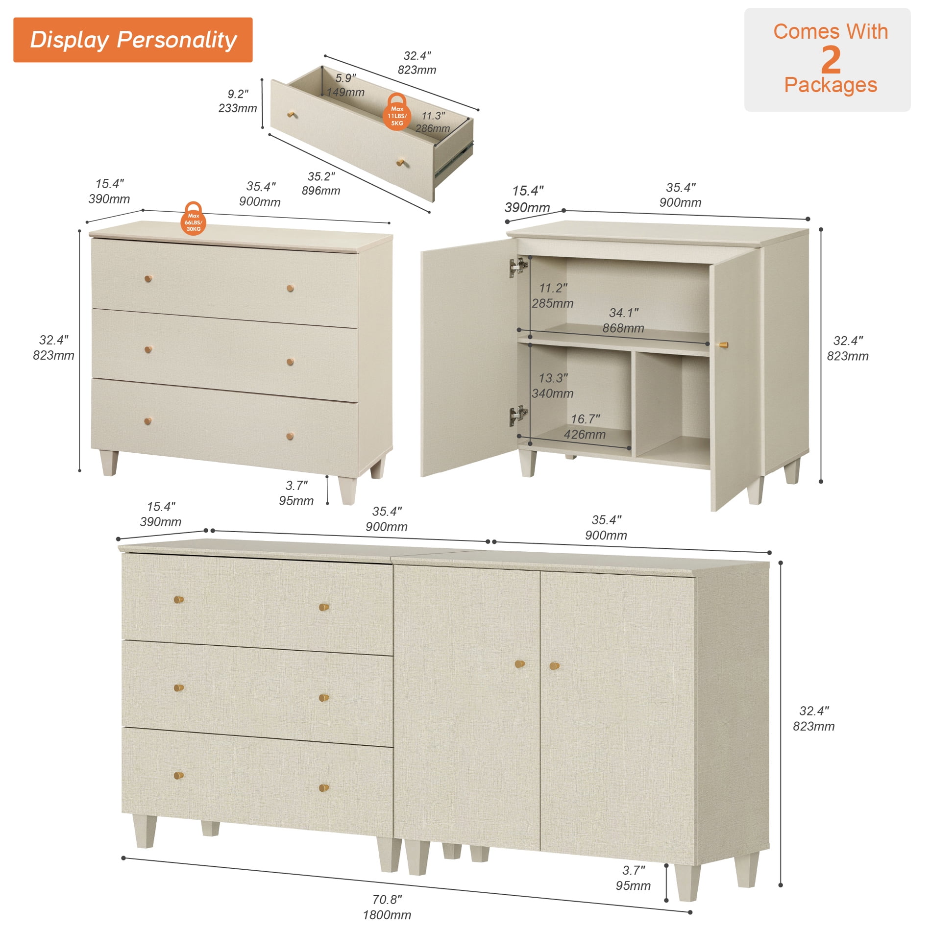 Modern TV Stand For Tvs Up To 120 Inches, 4 In 1 TV Console With Glass Doors And 2 Drawers, Media Console With Adjustable Shelf For Living Room,Beige