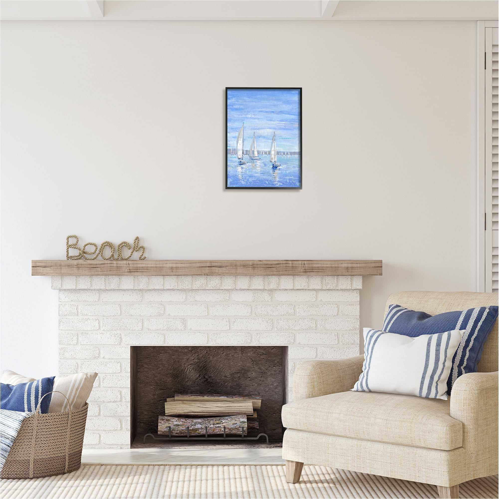 Stupell Industries Blue Sailboat Fleet Transportation Painting Black Framed Art Print Wall Art, 16 x 20