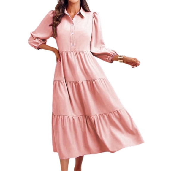 Womens Casual 3/ 4 Sleeve Shirt Dress Button Down V Neck Tiered Collared Flowy Maxi Dress