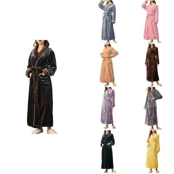 Antinious Women Fall Winter Plus Size Solid Leisure Robes Long Sleeve Thick Flannel Sleepwear Robes with Pockets,Winter Robes for Women,Women Pajamas Bathrobes,Beige,XL