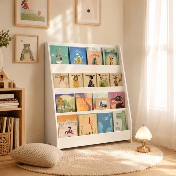 Jivora 34.65" Kids Bookshelf, 4 Tier Book Display Shelf Organizer for Kids Bedroom Playroom