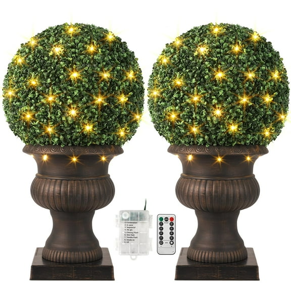 20” Artificial Plant Topiary Ball,Pre-Lit Artificial Topiary Plant with 50 Lights,Timer and Remote Control,Artificial Plant Artificial Outdoor Porch Trees with Sturdy Pot for Outdoor Indoor Home