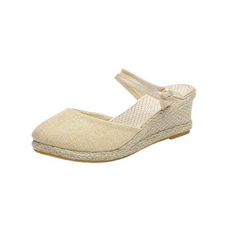 

Summer into Savings! Kukoosong Wedge Sandals New Knitted Round Toe Wedge Sandals Womens High Heel Summer Casual Slippers Sandals Women Beige 41