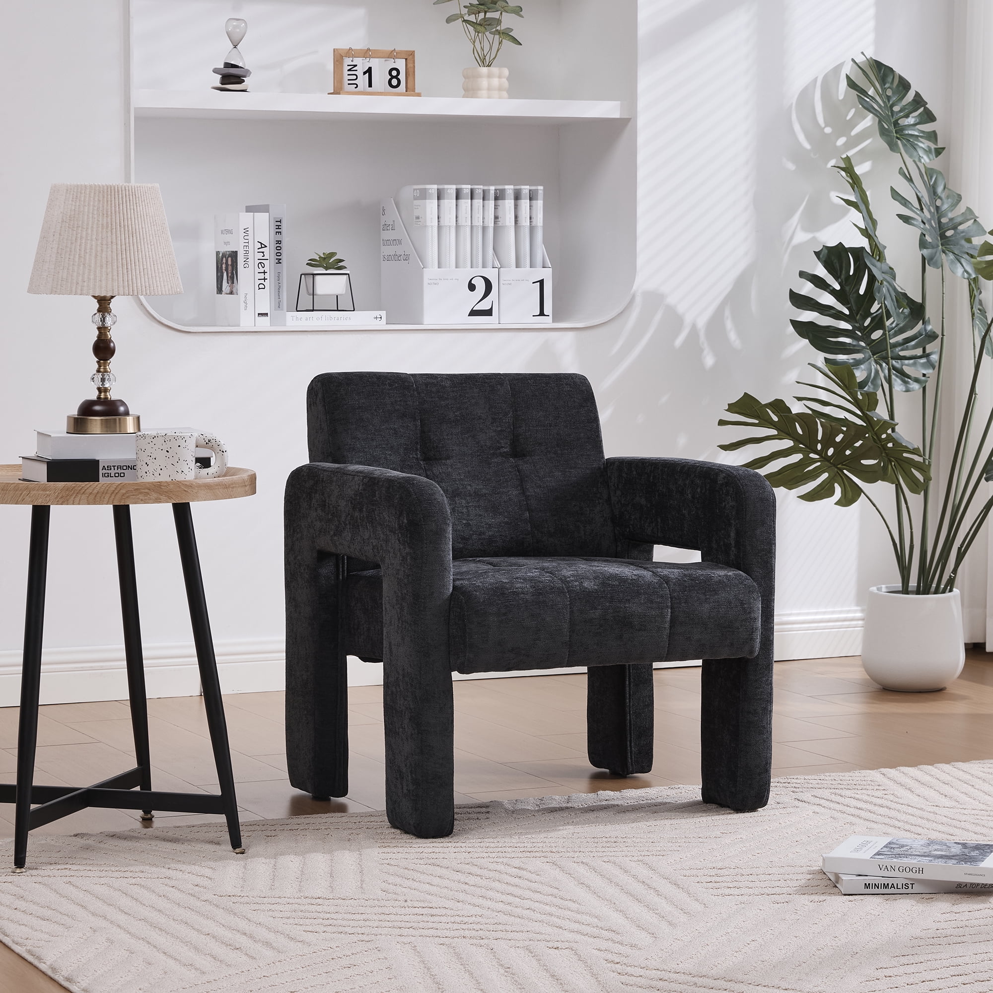 Armchair, Accent Chair, Upholstered Lounge Chair with Plush Chenille Fabric, High-Density Foam Cushion and Modern Minimalist Design, for Living Room Bedroom, Black