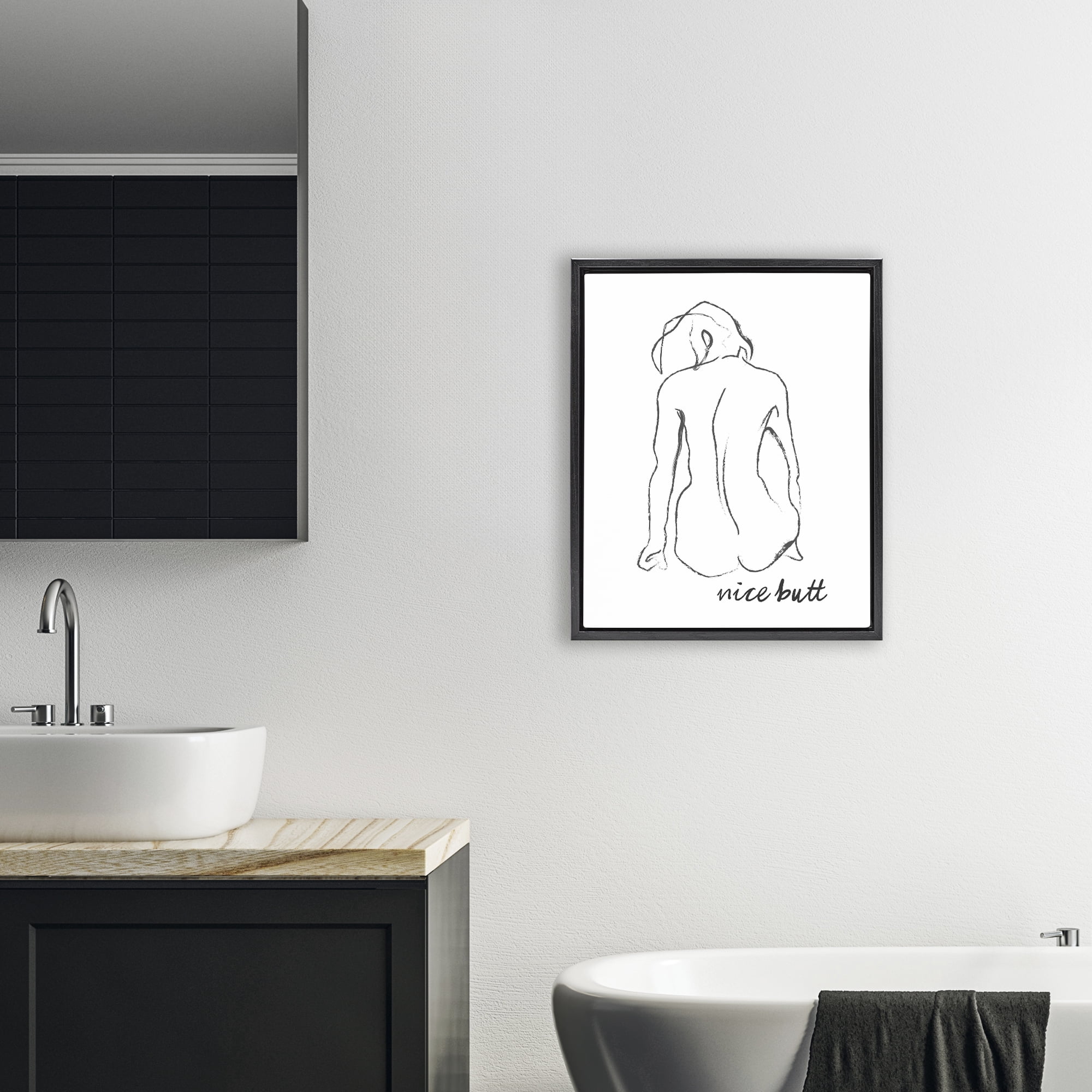 Stupell Industries Nice Butt Bathroom Refresh Black Framed Floater Canvas Wall Art, design by Lettered and Lined