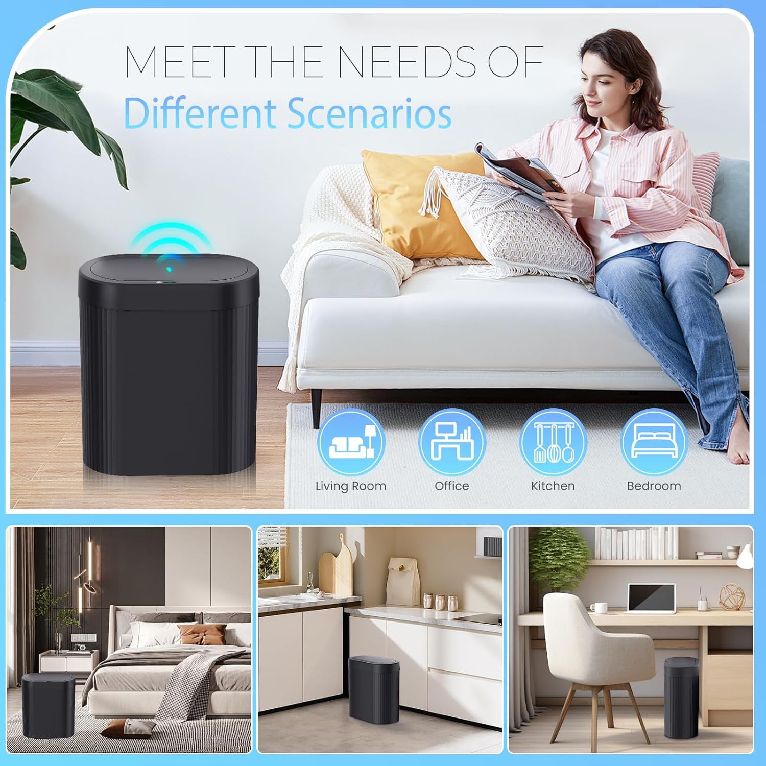 2 Pack 5 Gallon Bathroom Trash Can with Lid, Automatic Motion Sensor Black Trash Can, Touchless Slim Waterproof Garbage Bin for Kitchen, Bedroom, Office, and Bathroom