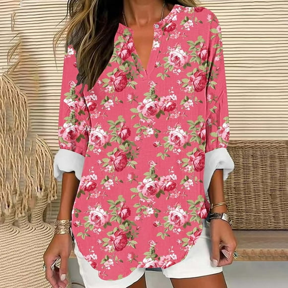 Ovbmpzd Chemise pour Femme Grande Taille Col en V Manches Longues Blouse en Lin Tenue de Bureau Décontractée Hauts Floraux de Printemps pour Femmes m